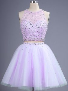 Captivating Scoop Sleeveless Court Dresses for Sweet 16 Knee Length Beading Lavender Tulle