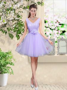 V-neck Sleeveless Quinceanera Court Dresses Knee Length Lace and Belt Lilac Tulle