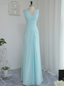 Aqua Blue Zipper V-neck Ruching Dama Dress for Quinceanera Chiffon Sleeveless