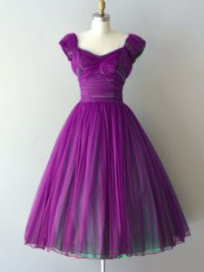 Pretty Purple Chiffon Lace Up Vestidos de Damas Cap Sleeves Knee Length Ruching