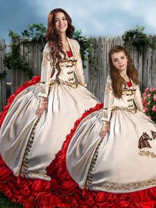 Perfect Sweetheart Long Sleeves Vestidos de Quinceanera Brush Train Embroidery and Ruffles White And Red Organza and Taffeta