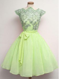 Designer Knee Length Yellow Green Court Dresses for Sweet 16 Chiffon Cap Sleeves Lace and Belt