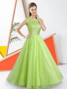 Bateau Sleeveless Tulle Quinceanera Court of Honor Dress Beading and Lace Backless