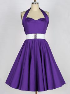 Fabulous Sleeveless Knee Length Ruching Zipper Vestidos de Damas with Purple