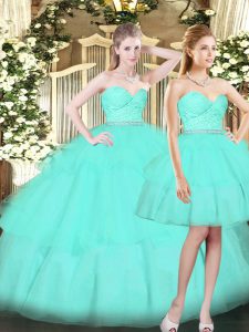 High End Aqua Blue Lace Up Sweetheart Ruching Quince Ball Gowns Tulle Sleeveless