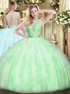 Apple Green Backless Sweet 16 Dress Lace and Ruffles Sleeveless Floor Length