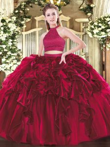 Fuchsia Quince Ball Gowns Military Ball and Sweet 16 and Quinceanera with Beading and Ruffles Halter Top Sleeveless Backless