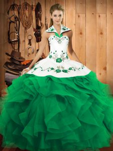 High Class Floor Length Turquoise Quinceanera Dress Halter Top Sleeveless Lace Up