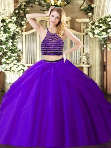 Purple Tulle Zipper Halter Top Sleeveless Floor Length 15 Quinceanera Dress Beading and Ruching