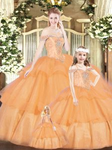Latest Tulle Off The Shoulder Sleeveless Lace Up Beading Quince Ball Gowns in Orange Red