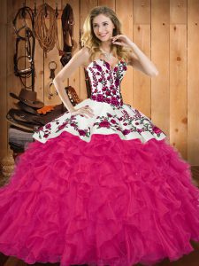 Hot Selling Hot Pink Ball Gowns Tulle Sweetheart Sleeveless Embroidery and Ruffles Floor Length Lace Up Quinceanera Dresses