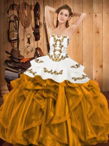 Wonderful Satin and Organza Sleeveless Floor Length Quince Ball Gowns and Embroidery and Ruffles