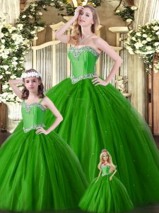 Attractive Sweetheart Sleeveless Quinceanera Gown Floor Length Beading Green Tulle