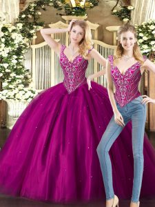 Pretty Tulle Sleeveless Floor Length 15 Quinceanera Dress and Beading