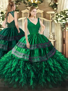 Dark Green Sleeveless Organza Backless Ball Gown Prom Dress for Military Ball and Sweet 16 and Quinceanera