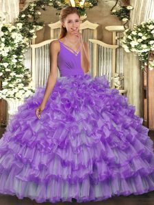 Best Selling Lavender Organza Backless V-neck Sleeveless Floor Length Sweet 16 Quinceanera Dress Beading and Ruffled Layers