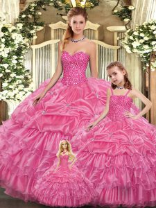 Stylish Sleeveless Organza Floor Length Lace Up Sweet 16 Dress in Rose Pink with Beading and Ruffled Layers