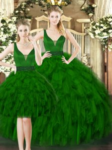 Dark Green Ball Gowns Straps Sleeveless Tulle Floor Length Lace Up Beading and Ruffles Ball Gown Prom Dress