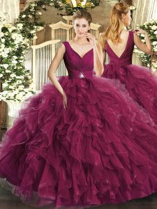 Fantastic Ball Gowns Sweet 16 Dresses Burgundy V-neck Tulle Sleeveless Floor Length Backless