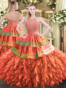 Superior Rust Red Sleeveless Beading and Ruffles and Sequins Floor Length Sweet 16 Dress