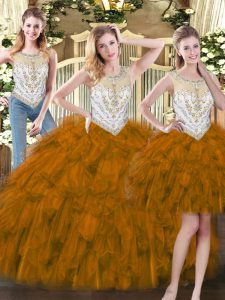 Sumptuous Brown Ball Gowns Beading and Ruffles Vestidos de Quinceanera Zipper Organza Sleeveless Floor Length