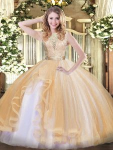 Unique Scoop Sleeveless Quince Ball Gowns Floor Length Lace and Ruffles Champagne Organza