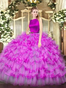 Floor Length Fuchsia Quince Ball Gowns Scoop Sleeveless Clasp Handle