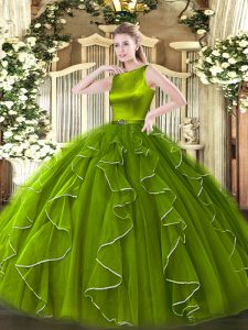 Olive Green Organza Clasp Handle Vestidos de Quinceanera Sleeveless Floor Length Ruffles