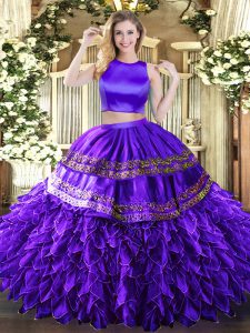 Purple Two Pieces Tulle High-neck Sleeveless Ruffles and Sequins Floor Length Criss Cross 15th Birthday Dress