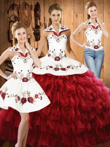 Floor Length Wine Red 15th Birthday Dress Organza Sleeveless Embroidery and Ruffled Layers