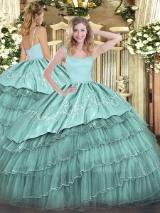 Fabulous Floor Length Blue 15th Birthday Dress Organza Sleeveless Embroidery and Ruffled Layers