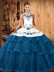 Blue Halter Top Lace Up Embroidery and Ruffled Layers 15 Quinceanera Dress Sweep Train Sleeveless