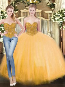 Extravagant Gold Ball Gowns Sweetheart Sleeveless Tulle Floor Length Lace Up Beading Quinceanera Gown