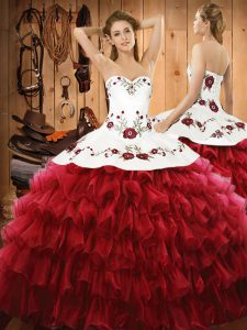 Wine Red Sleeveless Floor Length Embroidery and Ruffled Layers Lace Up Sweet 16 Dress