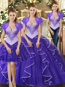Beading and Ruffles Quinceanera Dress Purple Lace Up Sleeveless Floor Length