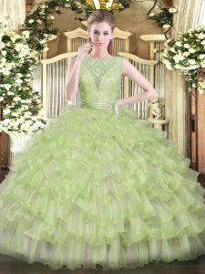 Enchanting Floor Length Backless Quince Ball Gowns Yellow Green for Military Ball and Sweet 16 and Quinceanera with Beading and Ruffled Layers