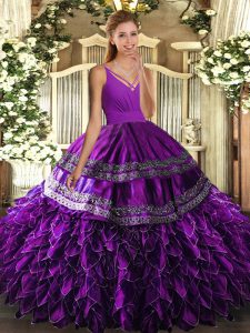 Eggplant Purple Organza Lace Up Ball Gown Prom Dress Sleeveless Floor Length Beading and Appliques and Ruffles