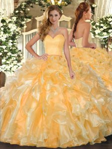 Gold Sweetheart Lace Up Beading and Ruffles Quinceanera Dress Sleeveless