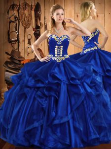 Eye-catching Sweetheart Sleeveless Lace Up Quince Ball Gowns Royal Blue Organza