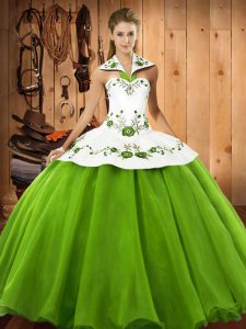 Hot Sale Satin and Tulle Lace Up Sweet 16 Dress Sleeveless Floor Length Embroidery