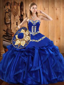 Glittering Sweetheart Sleeveless Sweet 16 Dress Floor Length Embroidery and Ruffles Royal Blue Organza