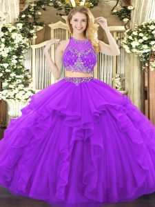 Low Price Purple Sleeveless Beading and Ruffles Floor Length Quince Ball Gowns