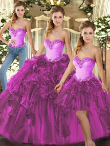 Three Pieces Quinceanera Gown Fuchsia Sweetheart Organza Sleeveless Floor Length Lace Up