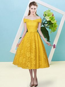 Sweet Gold Off The Shoulder Lace Up Bowknot Dama Dress Cap Sleeves