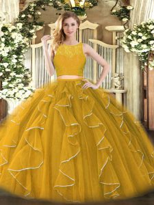 Captivating Sleeveless Floor Length Lace and Ruffles Zipper Vestidos de Quinceanera with Gold