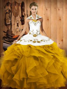 Perfect Embroidery and Ruffles Quinceanera Gown Gold Lace Up Sleeveless Floor Length