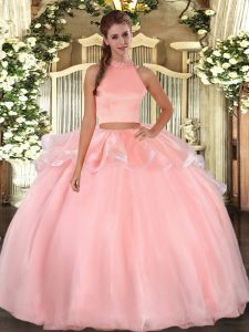 Sleeveless Organza Floor Length Backless Quinceanera Gowns in Pink with Beading
