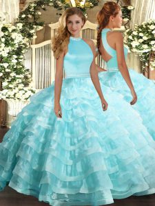 Aqua Blue Halter Top Neckline Beading and Ruffled Layers Quinceanera Gowns Sleeveless Backless