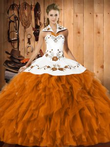 High Quality Ball Gowns Quinceanera Dresses Orange Red Halter Top Satin and Organza Sleeveless Floor Length Lace Up