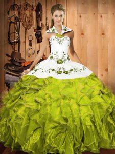 Floor Length Olive Green Quinceanera Dresses Satin and Organza Sleeveless Embroidery and Ruffles
